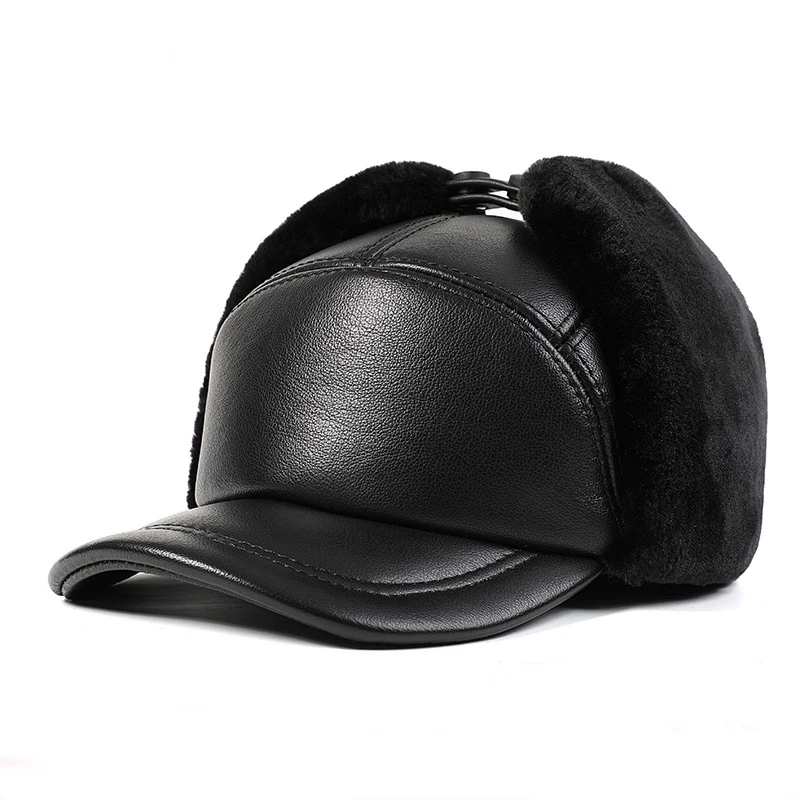 

Новая мужская зимняя кожаная шапка-ушанка из высококачественной воловьей кожи, теплая, подходит для среднего и пожилого возраста, защитная шапка для ушей