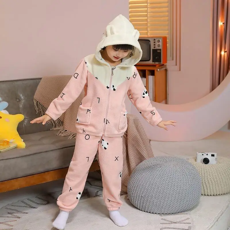 

Пижамный комплект 2021, детский осенне-зимний фланелевой утепленный теплый коралловый бархатный комплект с длинными рукавами для мальчиков и девочек, пижамный комплект из двух предметов