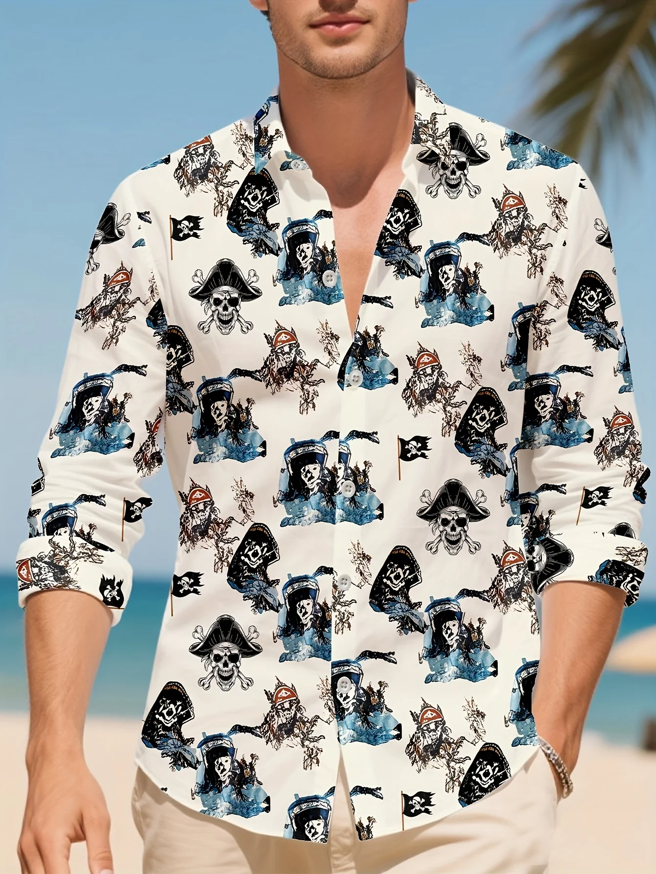 Men Long Sleeve Button Down Shirt Cream Pirate Skull Crossbone Flag Print Polyester Lapel Collar Halloween Party