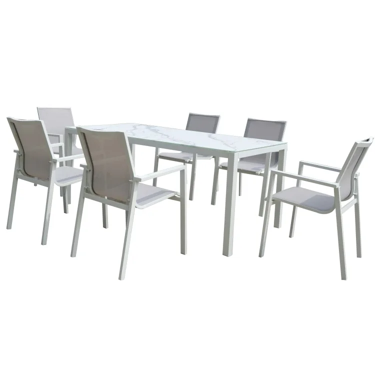

Garden Patio All Weather Restaurant Table and Chairs Luxury Modern Outdoor Dining Table Set Aluminum Patio Dining Set
