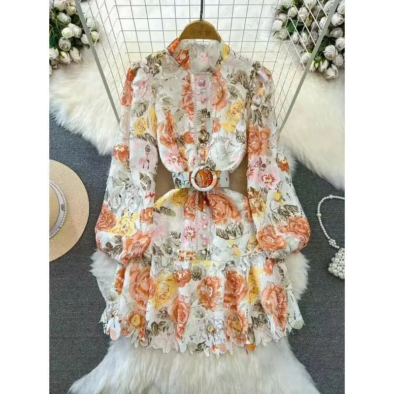 

Spring 2025 Floral Print irt Top And f Skirt Set Gathered Hemline Long Sve Polyester Faionable Women's Two-Piece Suit