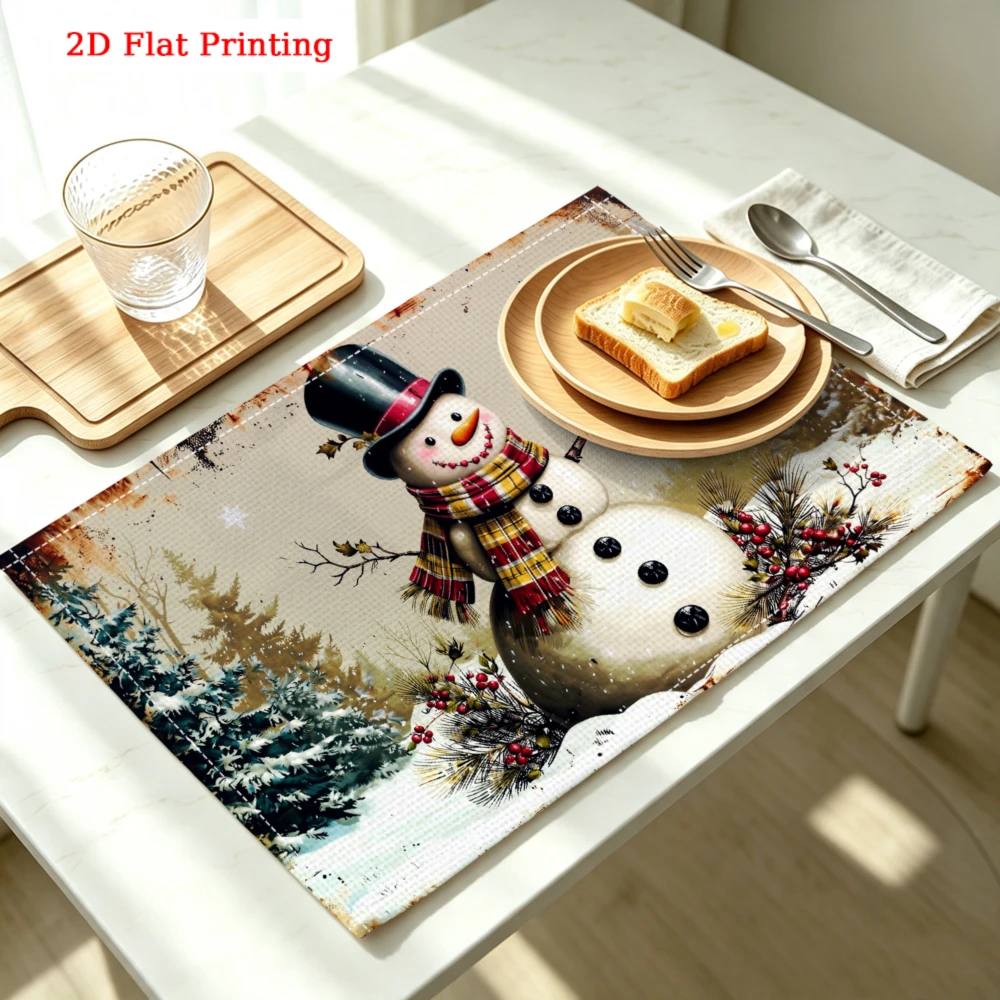 Snowman Winter Scene Print Kitchen Placemat Coaster Linen Pad Dish Coffee Cup Table Mat 30x40cm Home Decor