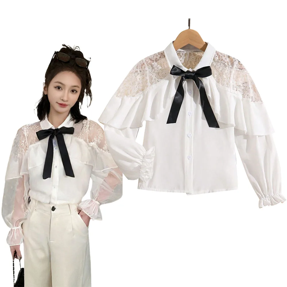 

Элегантная униформа для девочек, блузка, белая сетчатая рубашка с кружевной отделкой, одежда для девочек-подростков с бантом, официальная свадебная детская одежда, детская одежда
