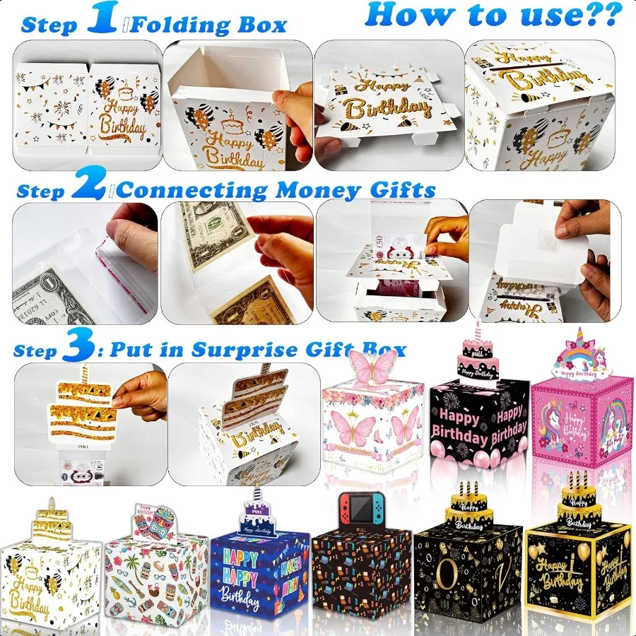 Birthday Money Box for Cash Gift Pull Surprise Money Roll Gift Box with Pull Out Card and 30 Transparent Bags DIY Set Funny Way