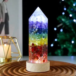 Crystal Column Led Night Light USB Wood Luminous Base 7 Chakra Orgonite Gravel Resin Obelisk Light Ornament