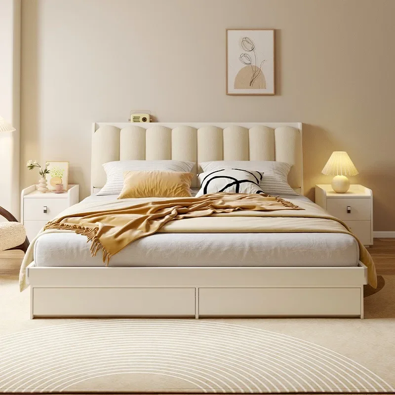Double cream wind smart storage bed, white simple soft high box storage bed, master bedroom tatami