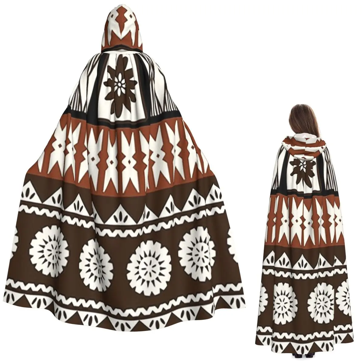 Fijian Masi - Tapa Long Hooded Cloak Witch Medieval Costume Cosplay Cape HalloweenCoat Adult Unisex