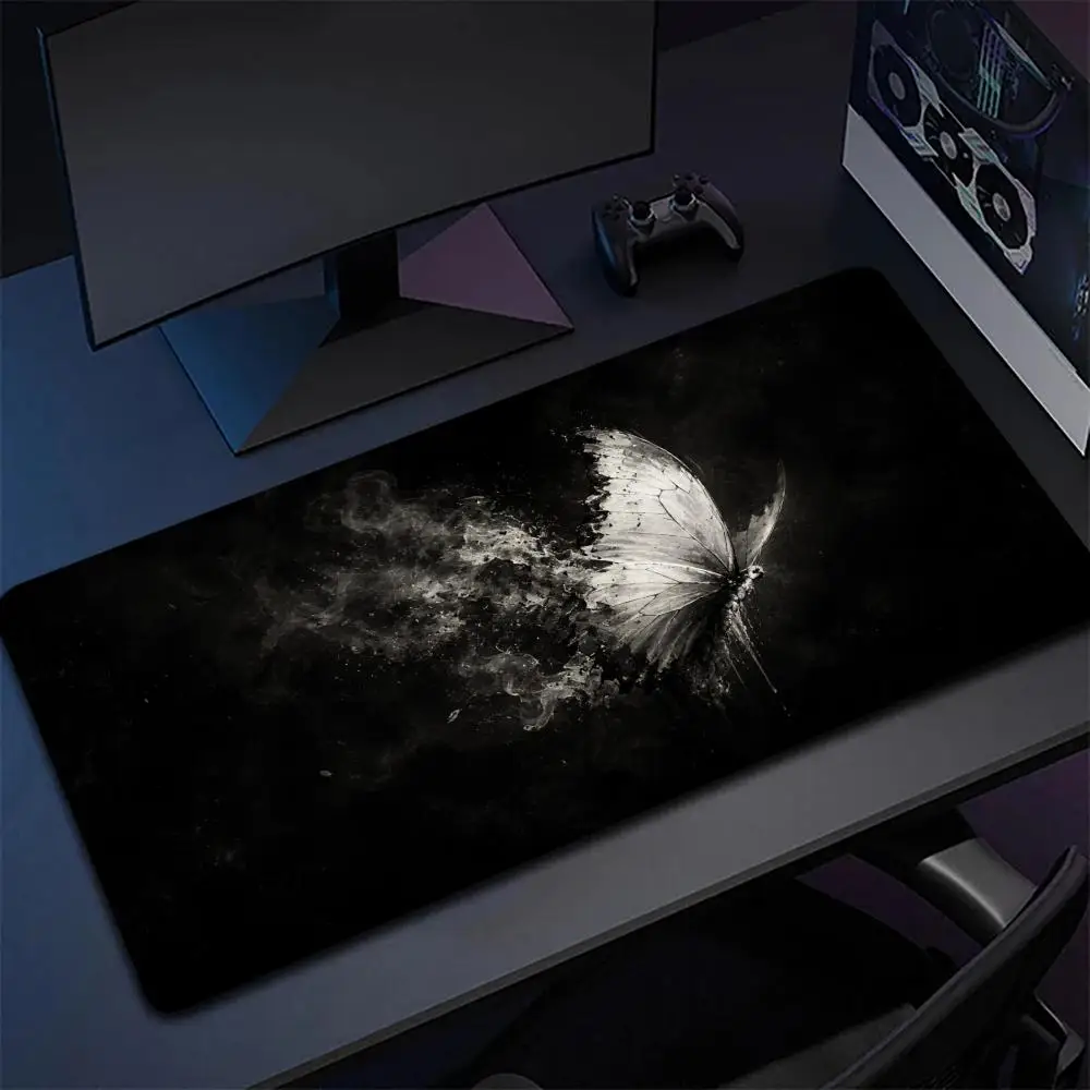 Dark Gothic White Butterfly Smoke Ink Splatter Minimal Black Desk Mat Large Anti-Slip Extended Gaming Keyboard Mouse Pad