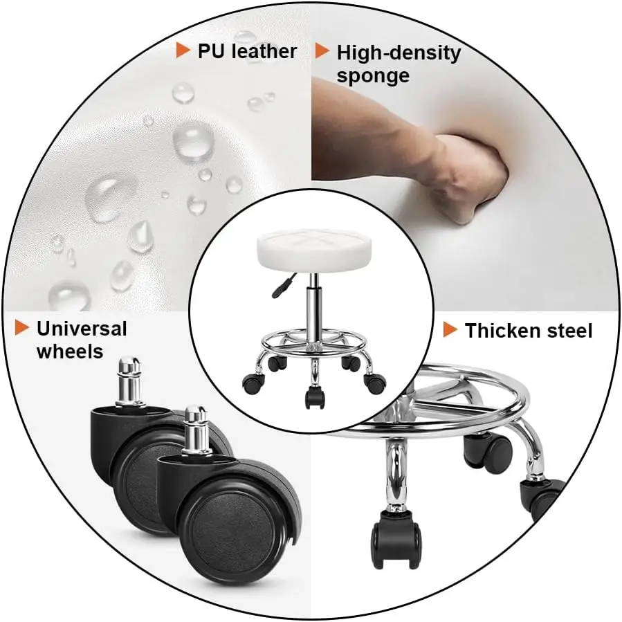 Round Rolling Stool Chair PU Leather Height Adjustable Swivel Drafting Work SPA Shop Medical Salon Stools with Wheels Of