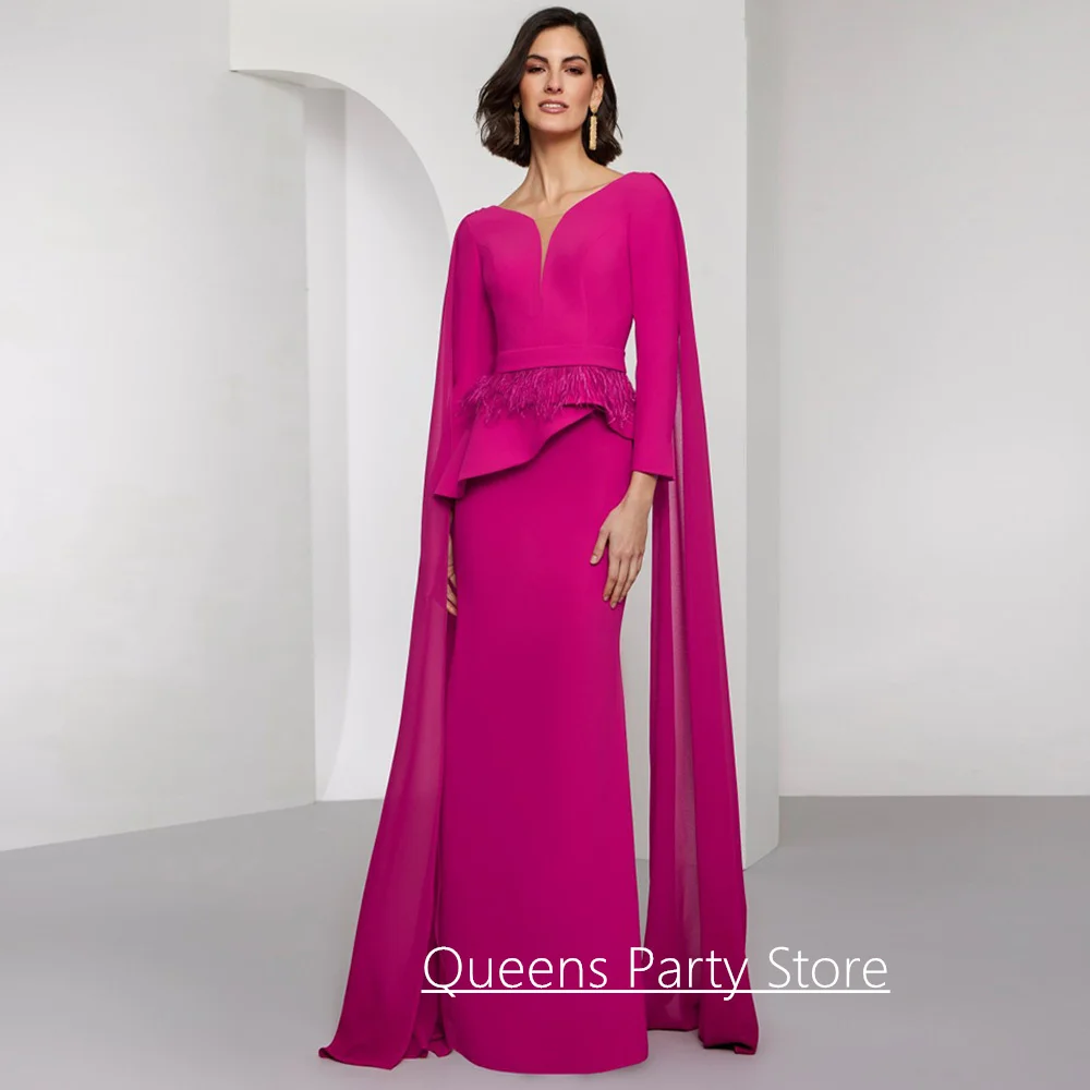Fashion Mother of The Bride Dress Customized V Neck Long Sleeves Feathers Sweep Train Mermaid Evening Party Gown Weddings