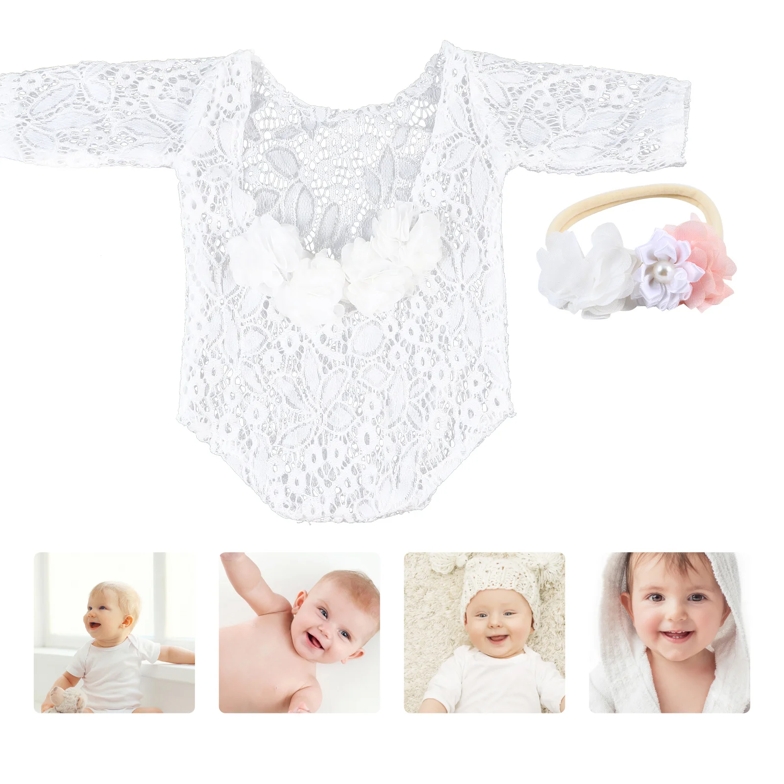 

1Set Newborn Lace Romper and Headband Baby Photography Outfit Elastic Lace Bodysuit Perfect Photo Shoot Baby Shower Gift
