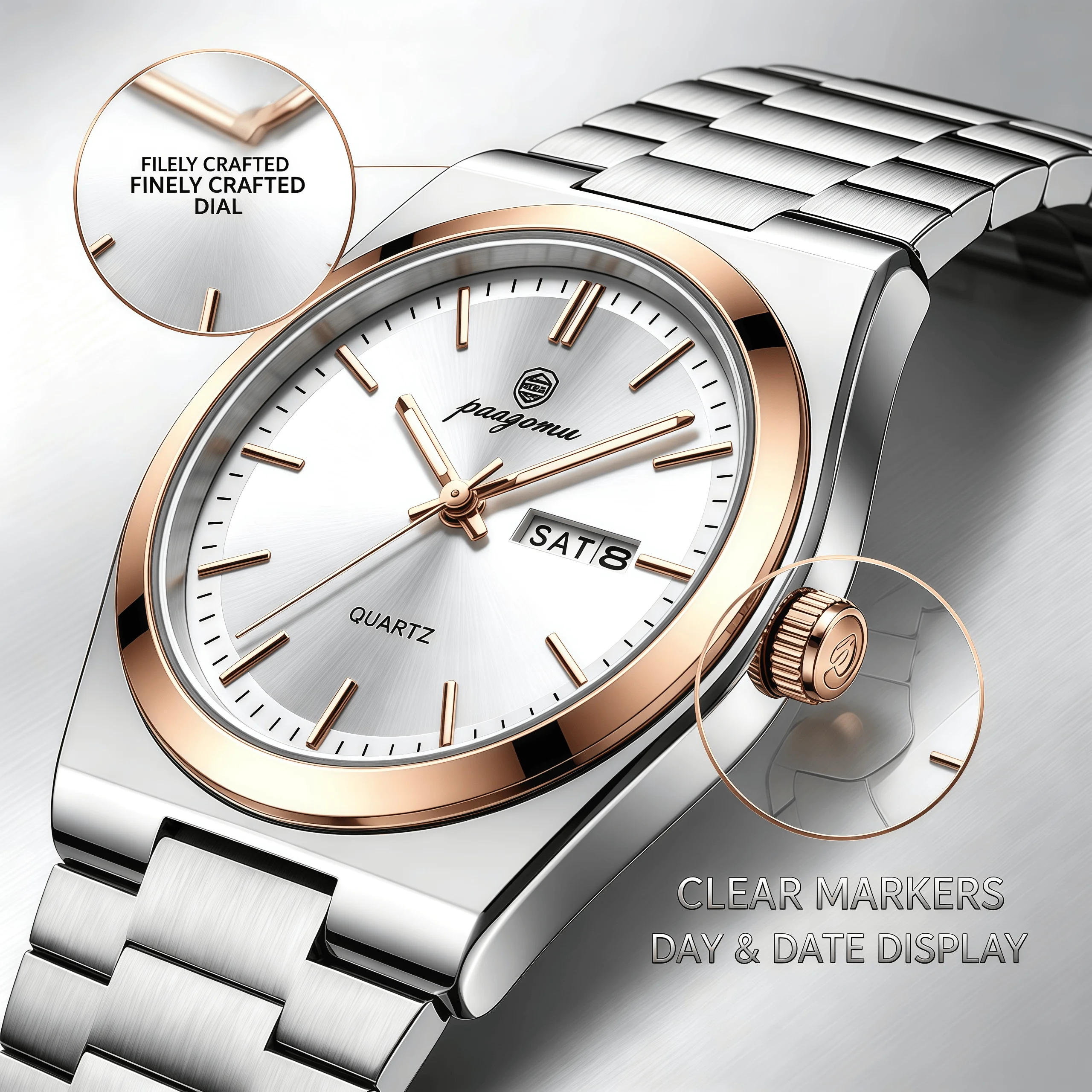 PAAZOMU Men Quartz Watch Luminous Hands Waterproof Stainless Steel Wristwatch Dual Calendar Date Week Display Business Male Wat
