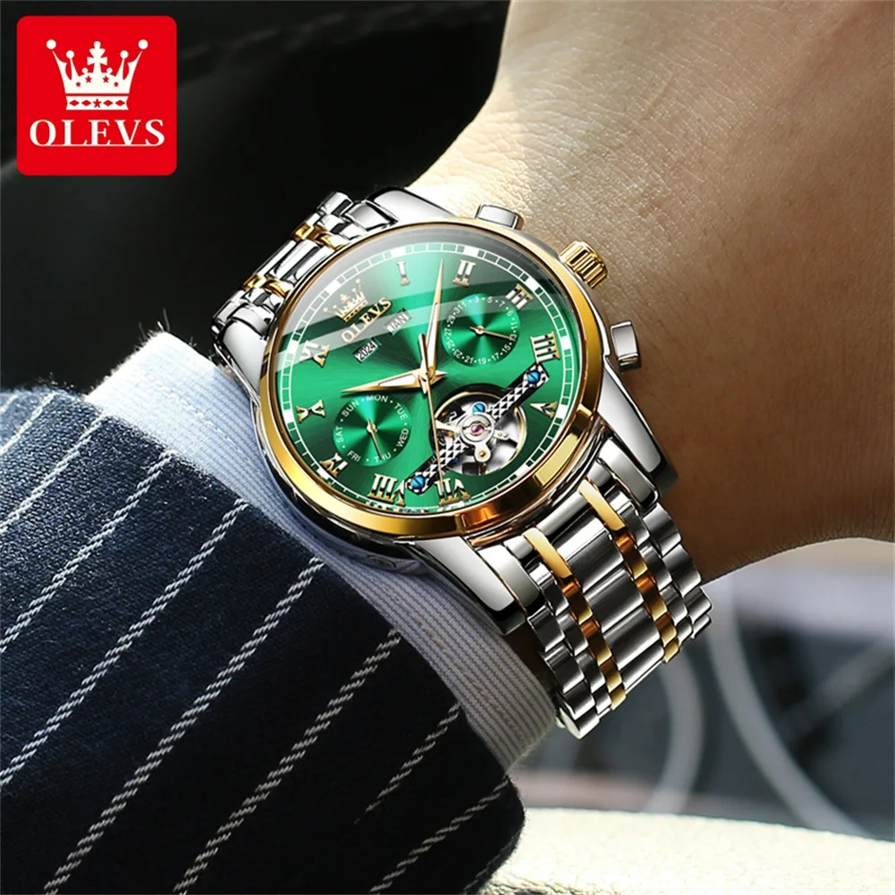 OLEVS Automatic Mechanical Men Watches Stainless Steel Waterproof Date Week Green Fashion Classic Wrist Watches Reloj Hombre