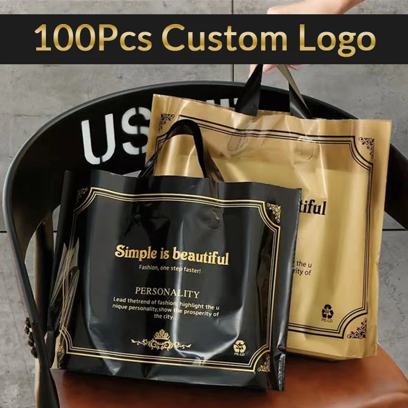 100Pcs/lot Black&Gold Thicken Shopping Bag Gifts Bags Customized Packaging Bags For Business Wedding Christmas Party Decor Favor