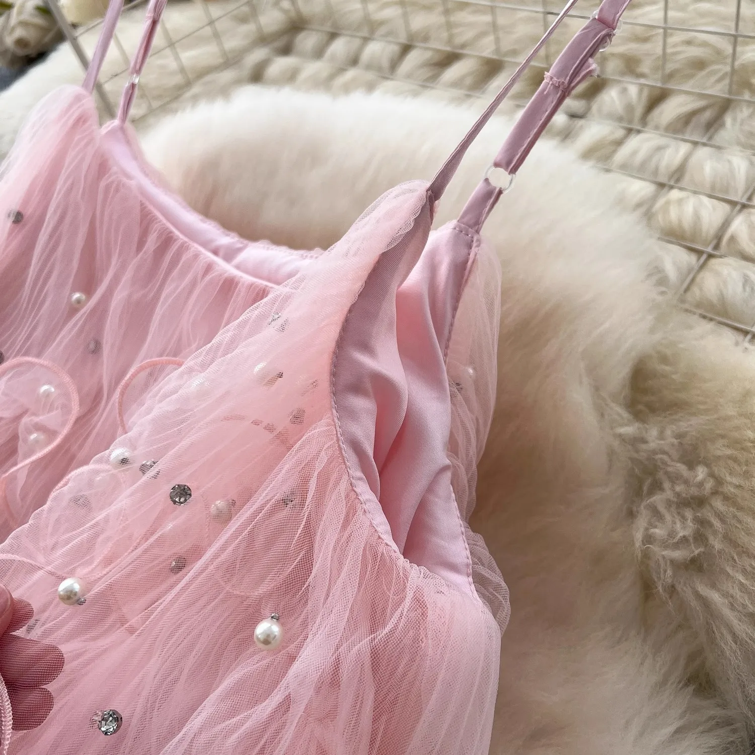 Roze mesh jurk dames kralen diamanten mouwloze zomervakantie feest vestidos bodycon streetwear chique kleding dame