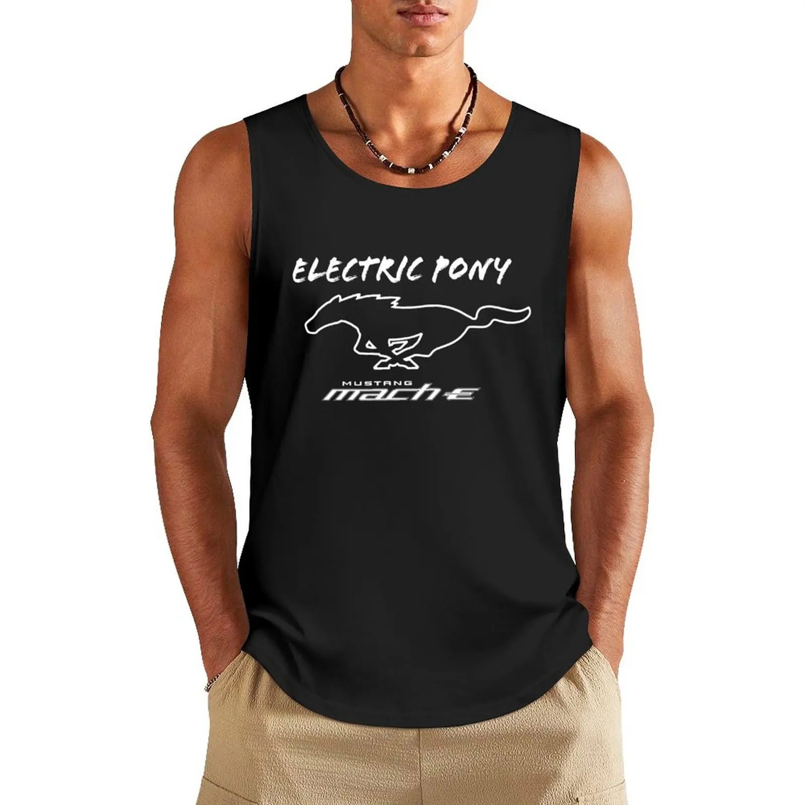 

Electric Mustang Mach-E Pony in White Tank Top male top sleeveless shirt man summer Men's tops