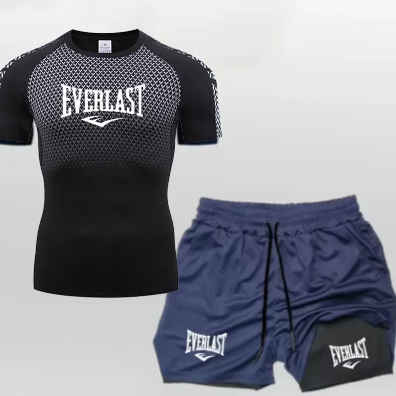 EVERLAST الرجال ضغط قميص + 2 في 1 السراويل الرياضية 2 قطعة مجموعة الترفيه التنفس قصيرة الأكمام الرياضة الركض رياضة العلامة التجارية ملابس منقوشة