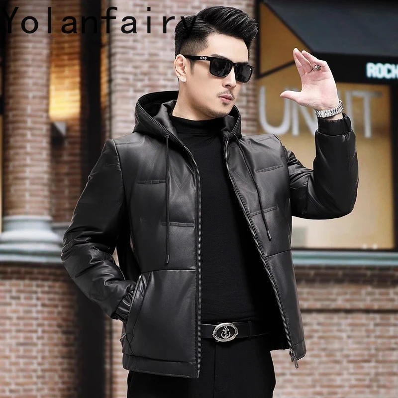 YOLANFAIRY 100% Genuine Cowhide Leather Jackets Man Hooded Winter Short Down Coat Puffer Jacket Warm Top Layer Cow Leather Coats