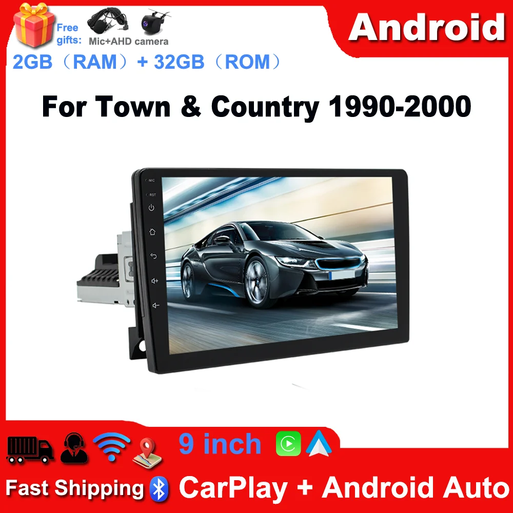 9in Android 13 Car Stereo Radio GPS Navigation 2+32G Compatible for Town & Country 1990-2000 with Carplay Android Auto Car Radio with Bluetooth Wifi FM SWC Mirror Link Split Screen + AHD Backup Camera