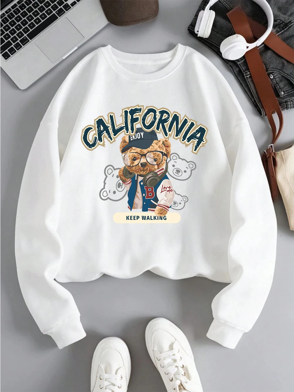 

Street Men Hoodie California Keep Walking Bear Printing Sweatshirt Breathable Fleece Crewneck Pullover Autumn Winter Clothing