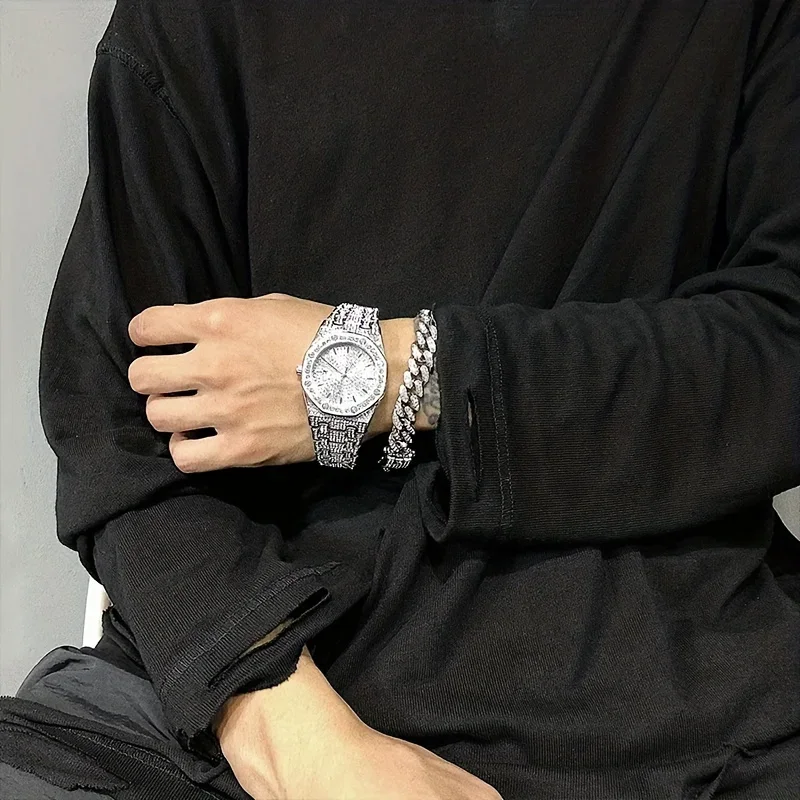 ใหม่ควอตซ์นาฬิกาผู้ชายแฟชั่น Lnlaid Faux เพชรขนาดใหญ่ปฏิทินอัตโนมัติธุรกิจนาฬิกาข้อมือสายเหล็ก