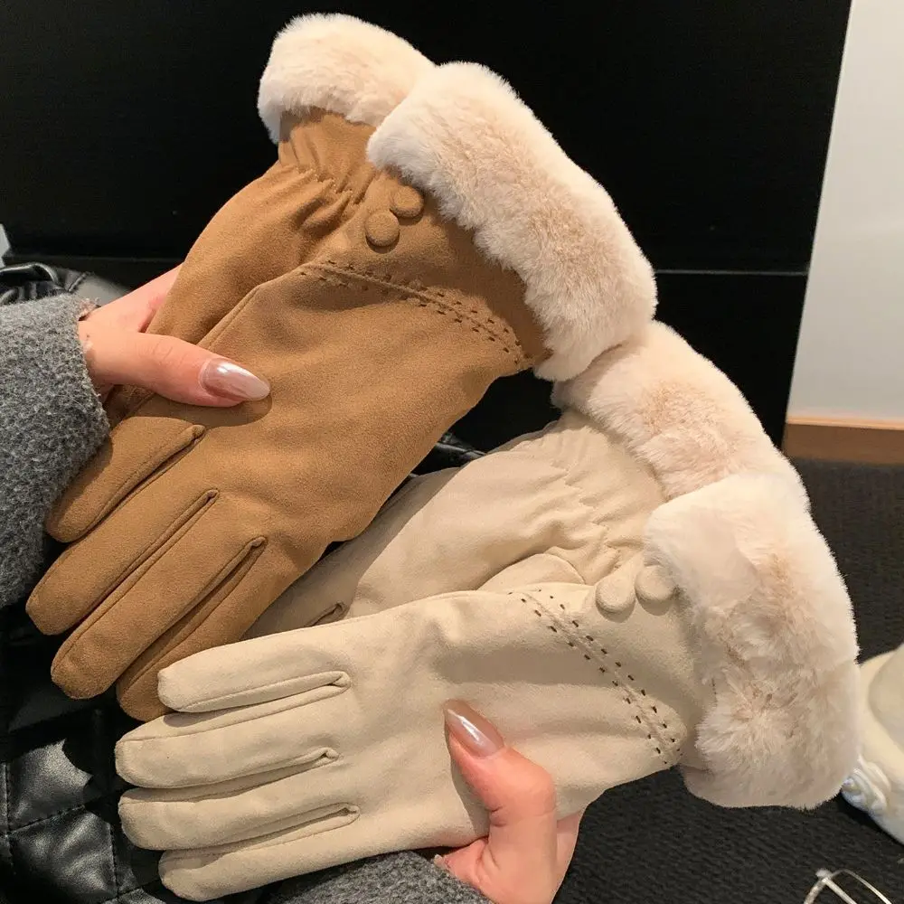 Faux Fur Trim Suede Winter Touch Screen Gloves Cold Weather One Size Windproof Thick Gloves Retro Fleece Lined Gloves Girls