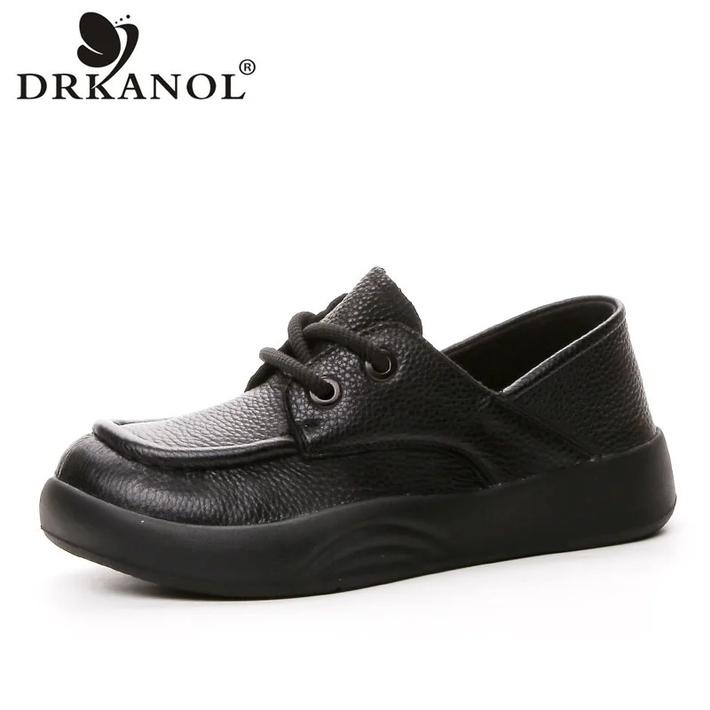 

DRKANOL Literary Style Women Flat Shoes Shallow Round Toe Loafers Ladies Quality Genuine Cow Leather Lace-Up Casual Single Shoes