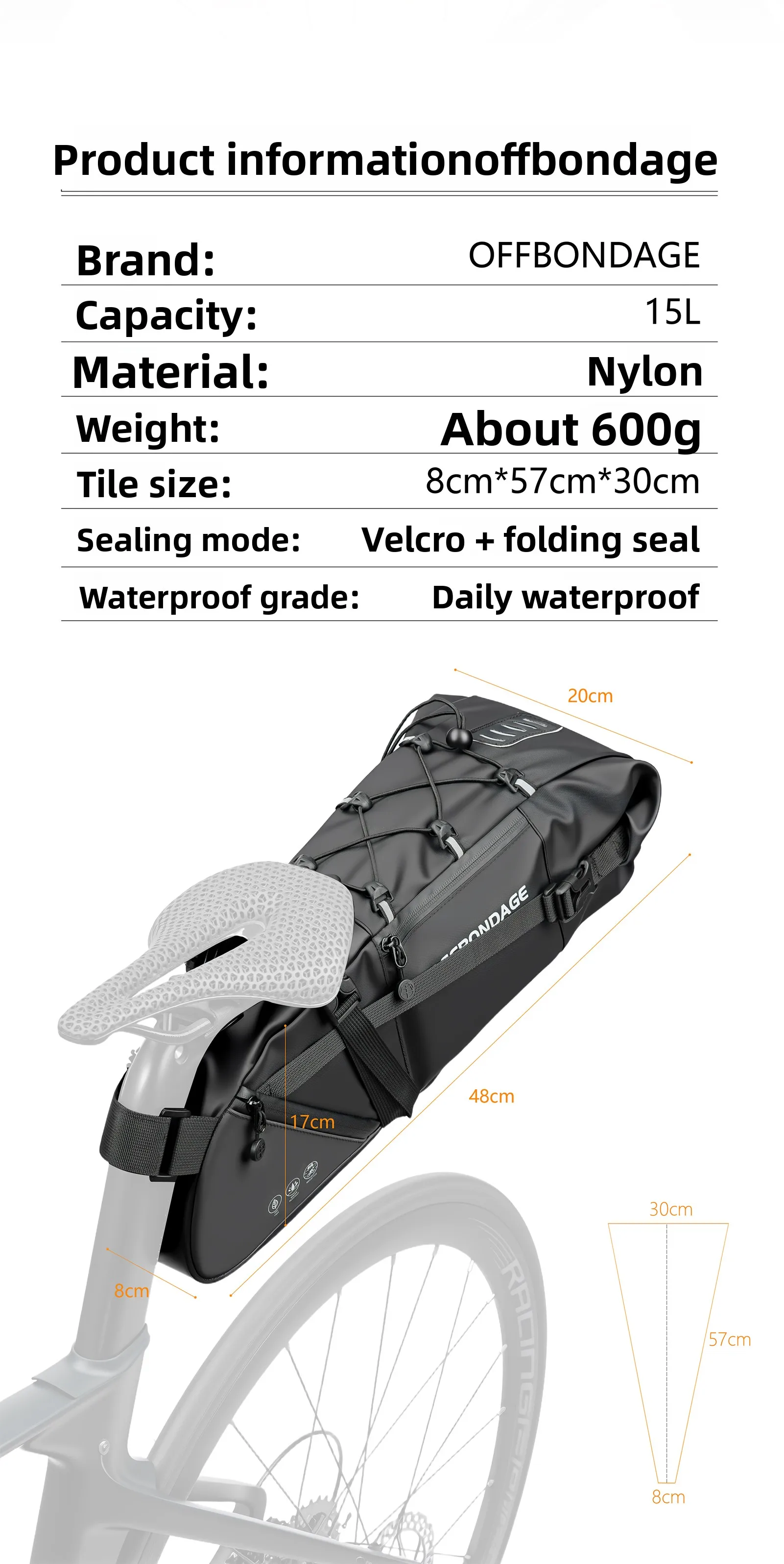 OFFBONDAGE Fahrrad-Satteltasche, wasserdicht, 15 l, großes Fassungsvermögen, Fahrradtasche, Radfahren, Hecktasche, MTB, faltbare Hecktasche, Fahrrad-Straßengepäck – Detail 2