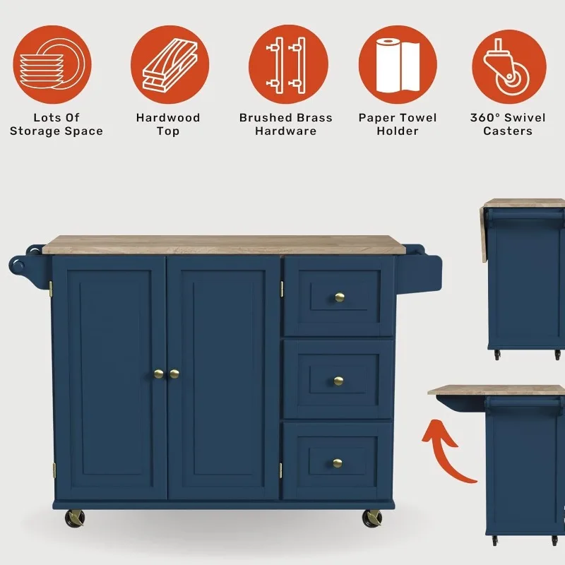 Mobile Kitchen Island Cart with Wood Drop Leaf Breakfast Bar, Blue asesorios de desbrozadoras