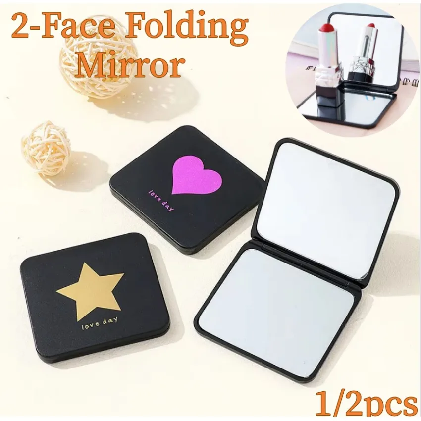 1/2pcs Portable 2-Face Makeup Mirror Handheld Folding Mirror Cute Girl'S Gift Travel Square Pocket Makeup Mirror with Flip Cover