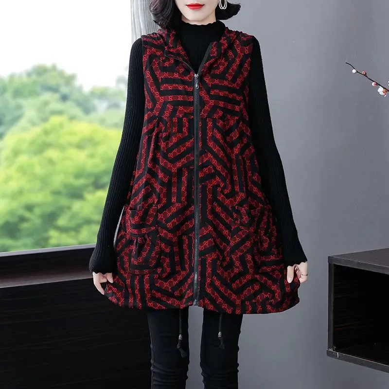 Luźna kamizelka damska plus size, odzież wierzchnia na wiosnę i jesień, długa, z kapturem, zapinana na zamek, w kratę, do pracy, stylizowana na kurtkę.