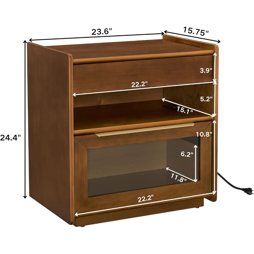 Comodino moderno Mid-Century con stazione di ricarica integrata e accesso all'uscita, tavolino in legno con cassetti frontali in vetro per camera da letto