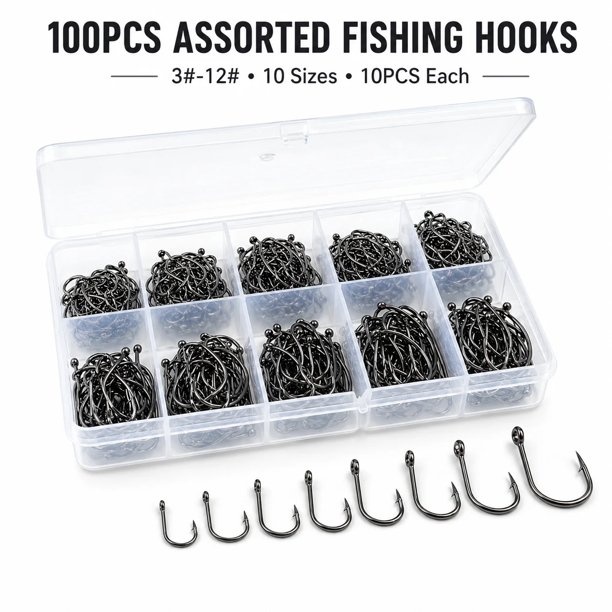 100-teiliges Angelhaken-Set, 10 Größen Widerhaken-Angelhaken, Hochkarbon-Stahl mit Aufbewahrungsbox für Süß- und Salzwasserfischen – Detail 7