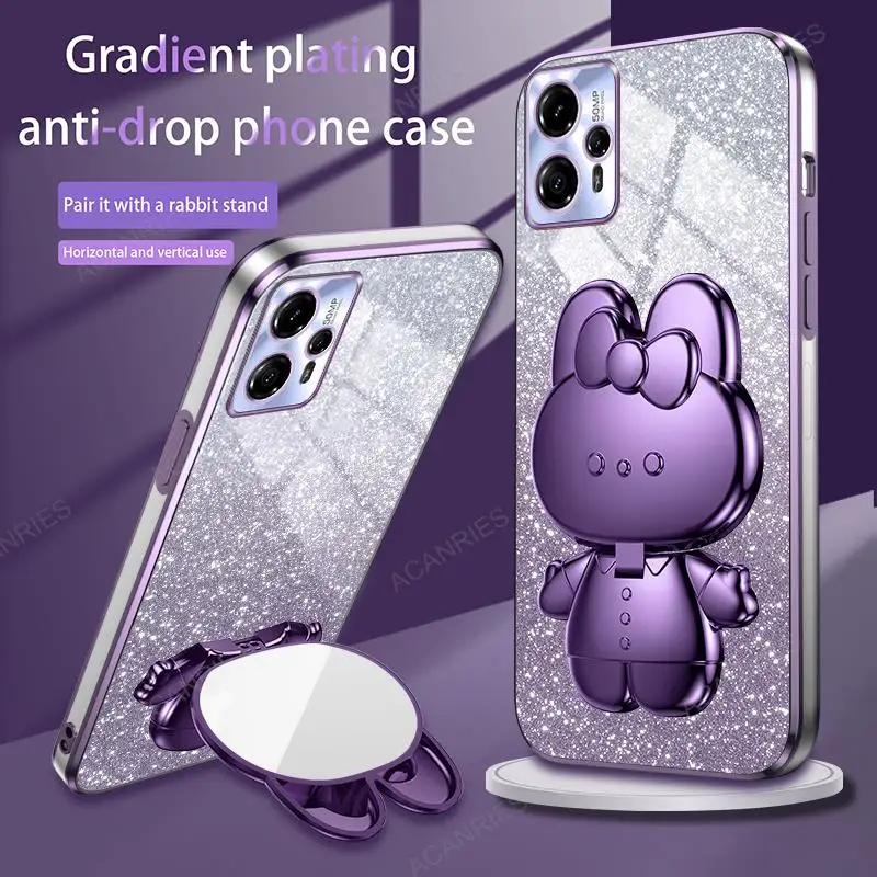 Cute 3D Rabbit Makeup Mirror Stand Plating Case For Motorola Moto G13 G23 G53 G72 G73 E13 E20 E22 E32 E6s E7 Plus Protect Cover