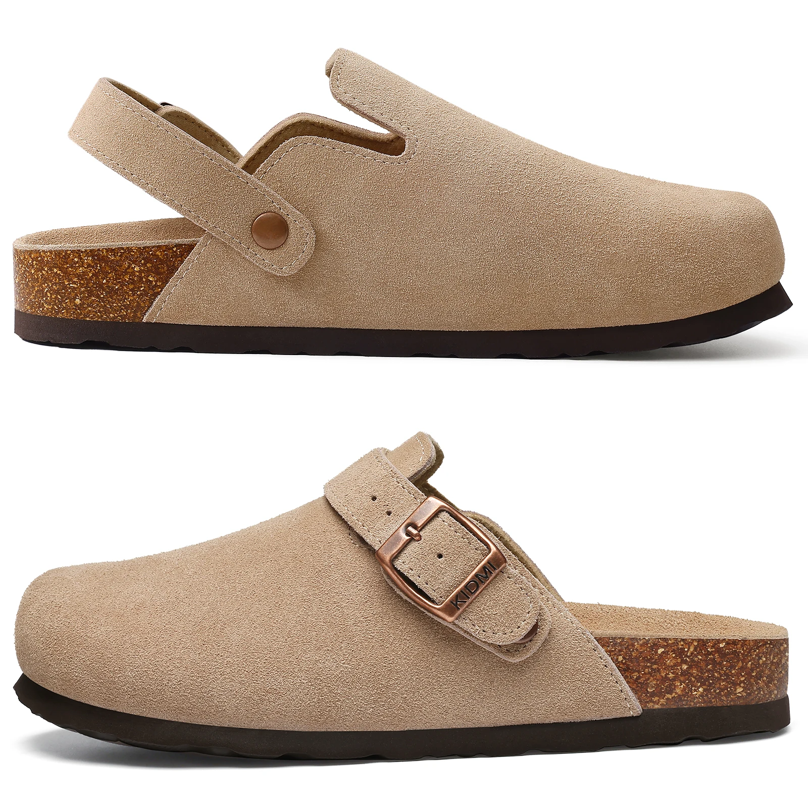 Comwarm Women's Suede Clogs with Adjustable Strap Cork Footbed Leather Mules Slippers Unisex Outdoor Comfortable Potato Shoes
