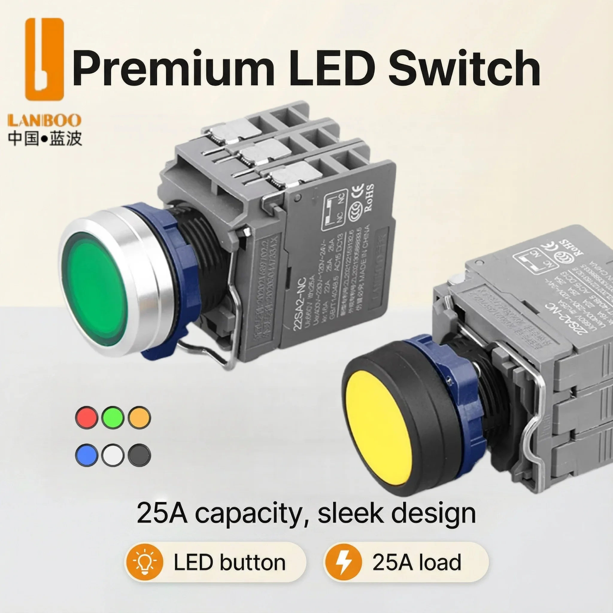 LANBOO lightless metal button switch controls start stop self-reset XB2-BA31/42/BD33/21