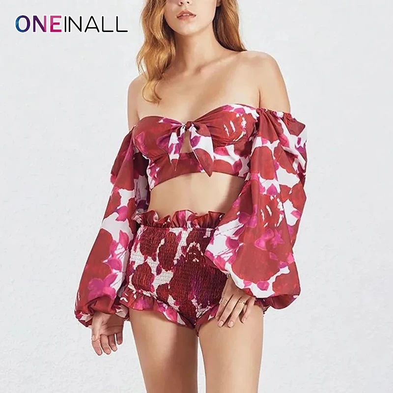 ONEINALL Printing Two Piece Sets For Women Square Collar Long Sleeve Backless Short Tops High Waist Shorts Sexy Set Female New