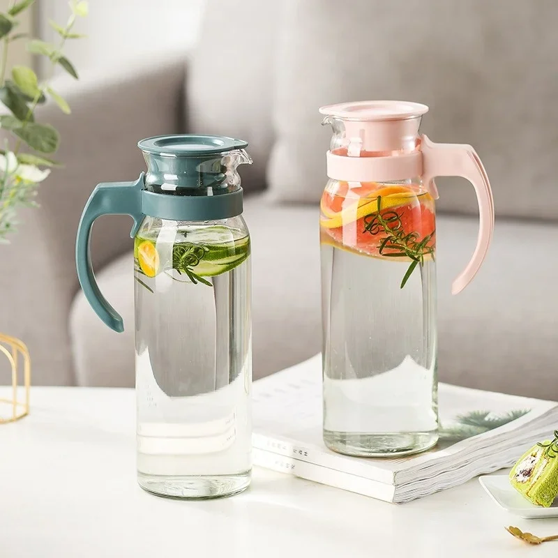 1Pcs Glass Water Pitcher Heat Resistant Glass Carafe Beverage Juice Dispenser Cold Water Kettle with With Lid and Handle