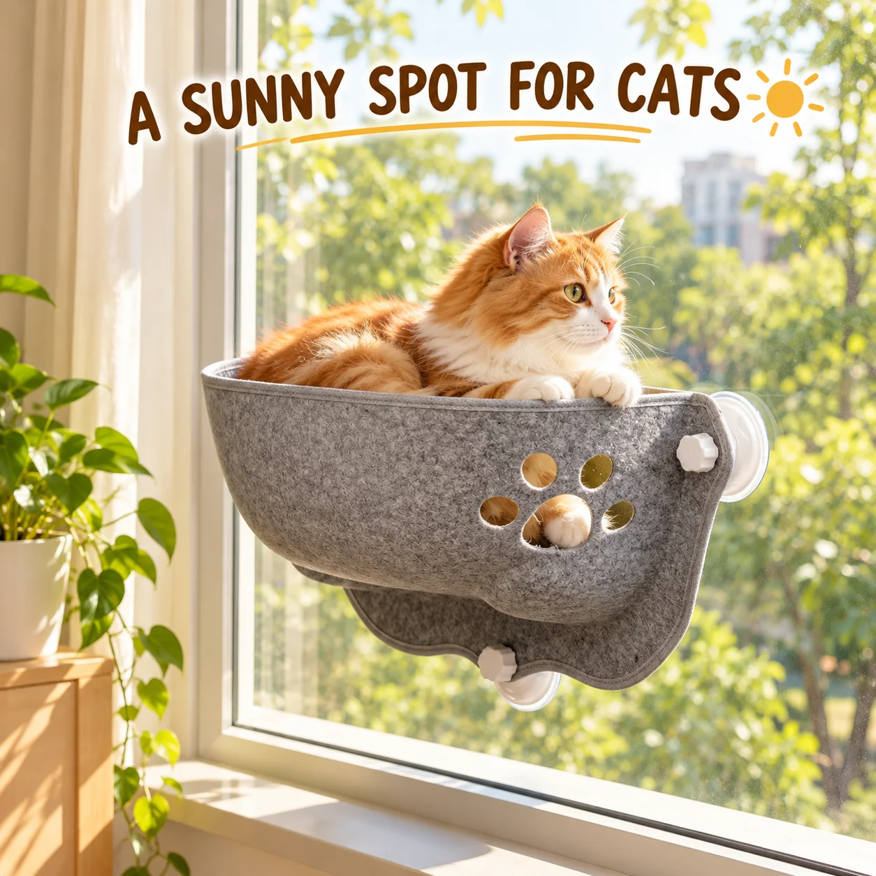 Gray Cat Window Hammock, Soft Felt Suction Cup Bed with Paw-Shaped Opening, Space-Saving Window Perch for Indoor Cats