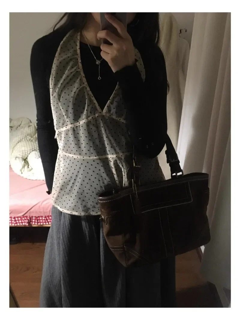 Korean Fashion Retro V-neck Perspective Polka Dot Top Open Back Layup Wearing Hanging Neck Strap Tank Top for Women Clothes