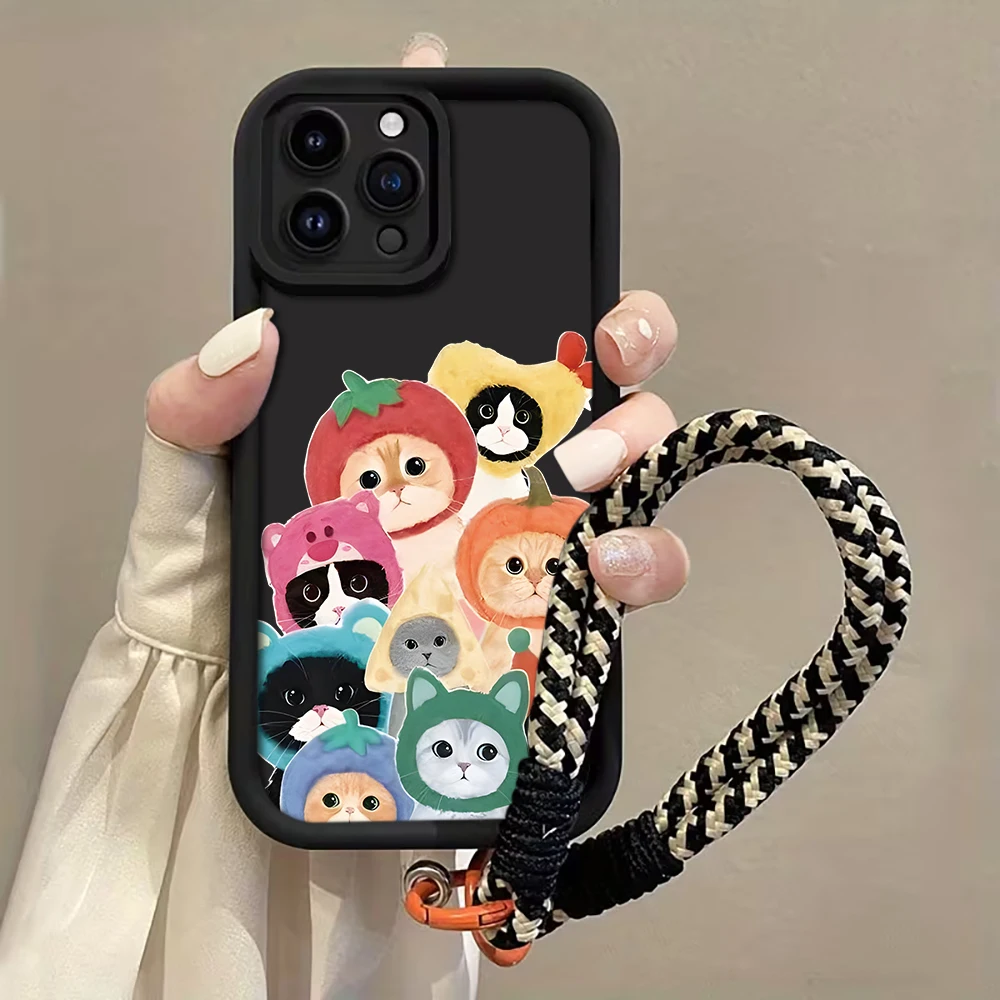 Katze in Kapuze Gurt-Seil-Handyhülle für iPhone 11 12 13 14 15 16 17 Pro Max 15 14 13 Plus 17E XR Stoßfeste Matte Silikonhülle – Detail 3