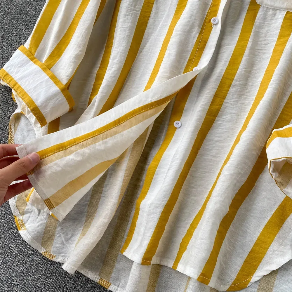 Camisa a rayas de manga larga para mujer, blusas informales holgadas de gran tamaño con cuello vuelto y botones, primavera y verano, 2024