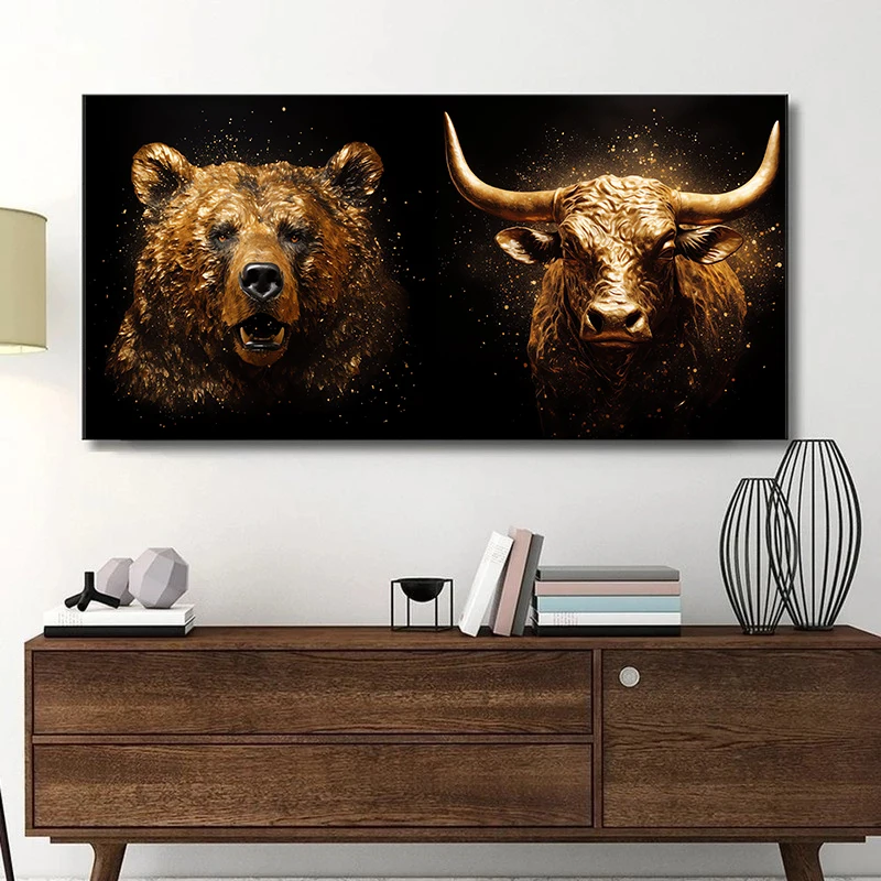 Golden Bull Bear Canvas Wall Art Canvas Painting Posters and Prints Trader Stock Market Pictures Office Art Room Home Decor