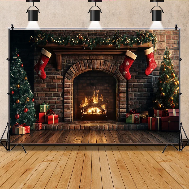 Cozy Christmas Day Scene Fireplace Photography Backdrop Props Winter Living Room New Year Gift Holiday Photo Background RS-07