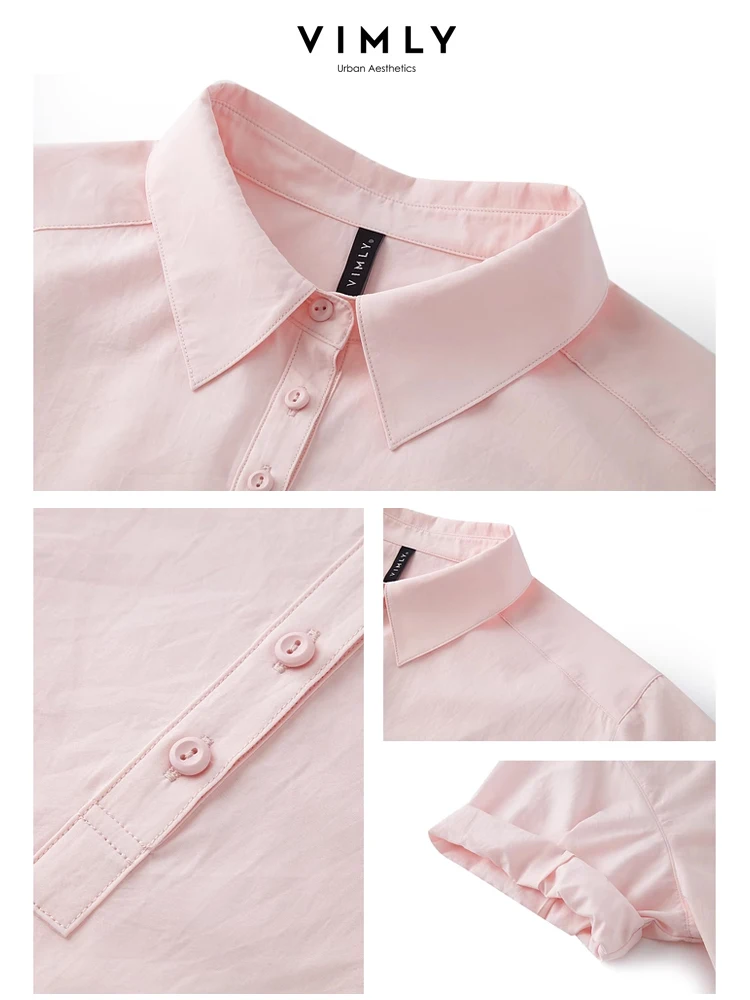 Vimly French Style Pink Short Sleeve Polo Collar Blouse Women 2024 Summer Lapel Straight Casual Button Up Women\'s Shirt M6920