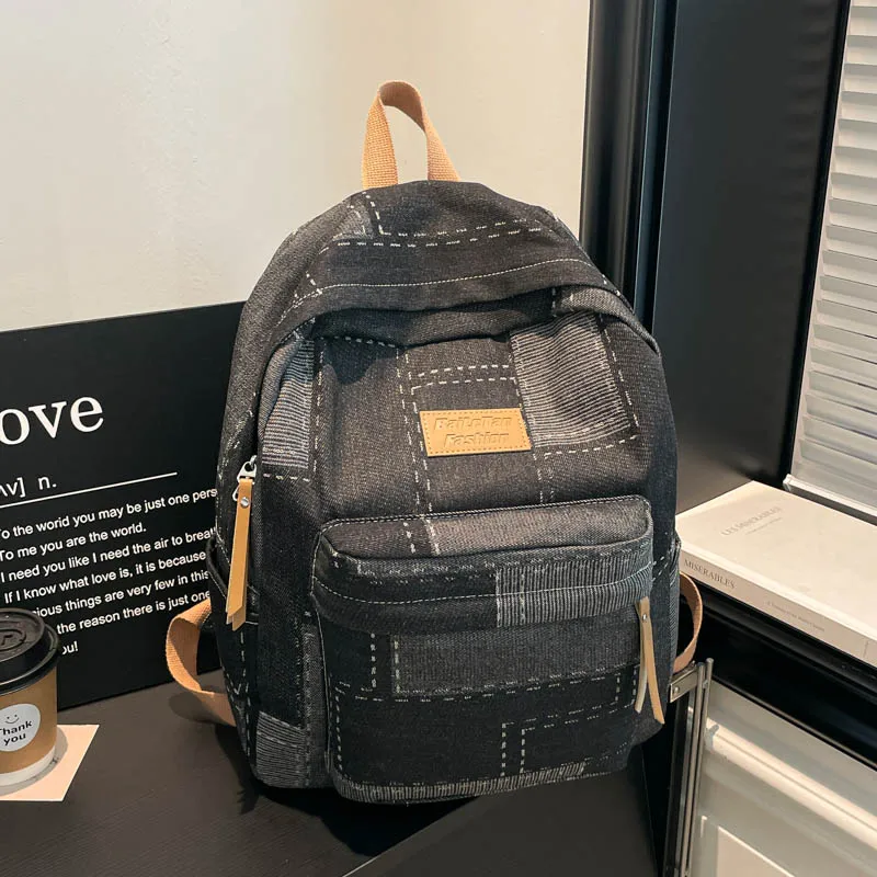 Fashion Denim Backpack for Women Patchwork Washed Blue Jeans School Bag with Front Pocket Casual Travel Daypack Vintage Rucksack