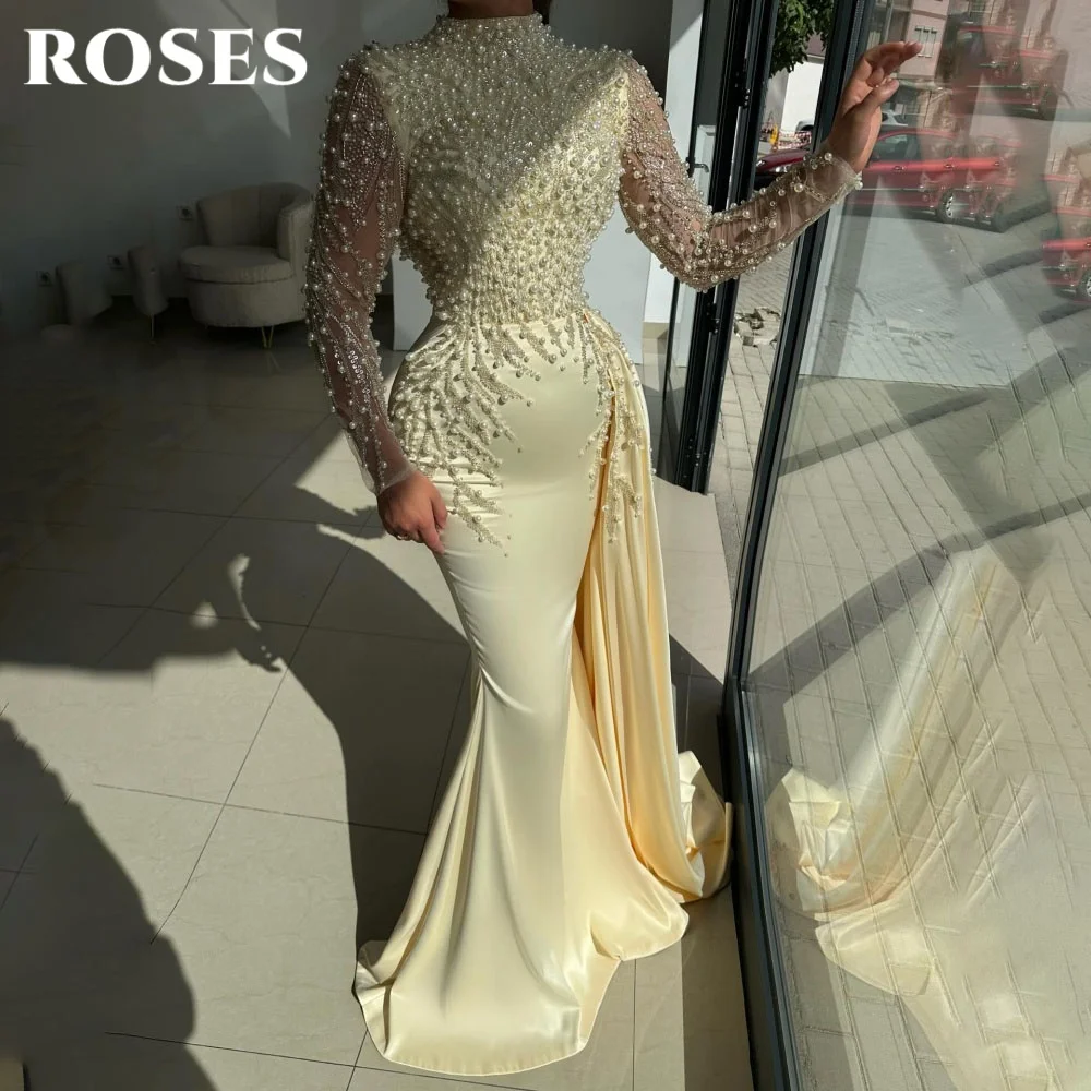 

ROSES Yellow High Evening Dress with Beading Pearls Prom Dress Sexy Trumpet Full Sleeve Party Formal Gown robe de bal Customized