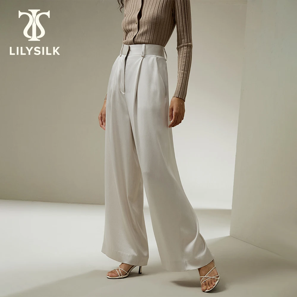 LILYSILK Women's High-Waisted Wide Leg Dense Silk Pants Ladies Chic Style Trouser with Belt Loops Relaxed Fit