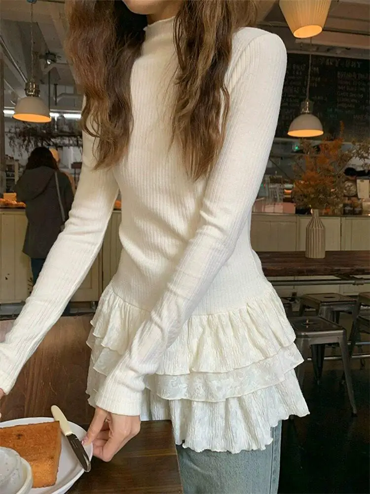 White Half High Collar Long Sleeve T-Shirt Women's Initial Spring Lace Hem Base Shirt Inner Wear mid Collar Top
