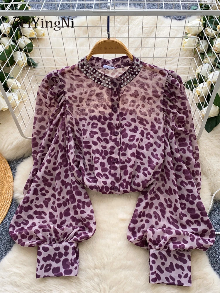 

Beiyingni 2022, осенние топы с рукавами-фонариками, женские винтажные топы в стиле Харадзюку с бисером, повседневные уличные женские рубашки, леопардовые свободные шифоновые блузки